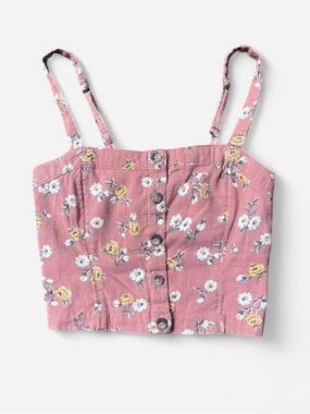 Hollister Dusty Rose Floral Smocked Back Crop Top Sz XS Adjustable Straps Linen